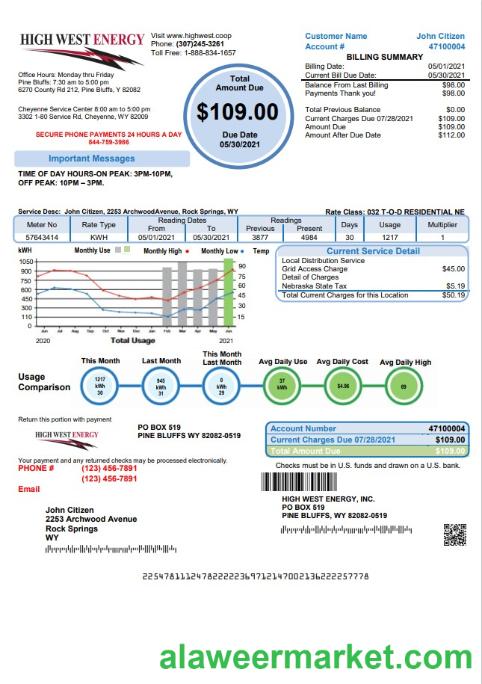 USA Wyoming High West Energy utility bill in Word and PDF format, version 2